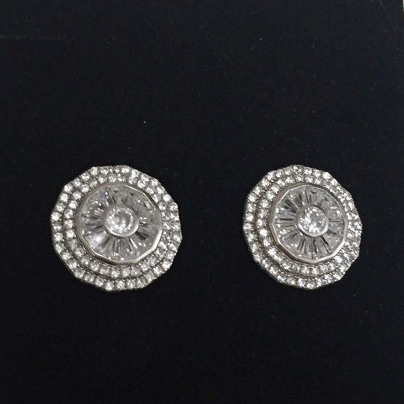 STERLING Silver & White CZ Brilliant Sparkly Mosaic Stud Earrings Bridal 16mm - Picture 5 of 9